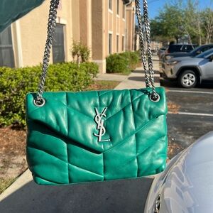 Saint Laurent Lambskin Quilted Loulou Puffer Chain Satchel Green Field Bag